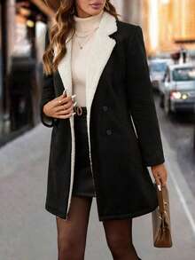 Editum 女士优雅高端翻领黑色大衣，秋季新款女士优雅多功能保暖内衬夹克，秋冬加厚外套，女士冬季外套，女士粗花呢外套，女士格子外套，女士冬季服装，女士外套，女士秋季服装，带绒里服装，女士冬季服装，绒里秋冬棉质长款保暖夹克 - 黑色 - 查看 8