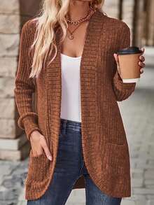 EMERY ROSE 女式休闲罗纹拉绒前开侧袋短裤薄夹克 - 棕色 - 查看 6