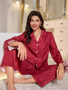 LuxeNights 女士新款纯色休闲翻领荷叶边下摆长袖睡衣套装，秋冬季，秋季服装 - 紅色 - 查看 1