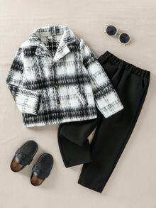 Souflis Souflis Young Boy's Fashion Casual Plaid Woolen Suit Jacket And Black Relaxed Fit Pants Set, Elegant Tailoring With Stylish Large Plaid Woolen Fabric