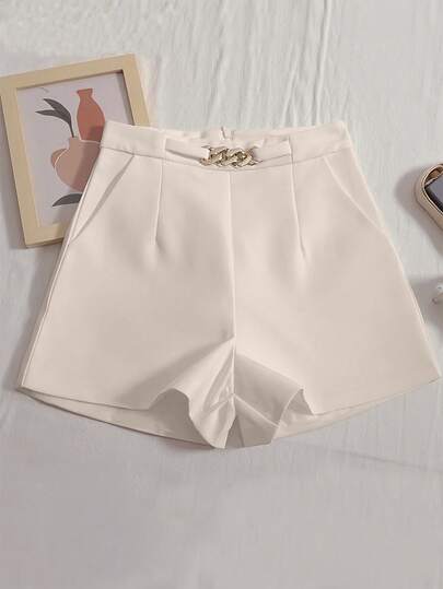 INAWLY 休闲优雅链条装饰纯色短裤