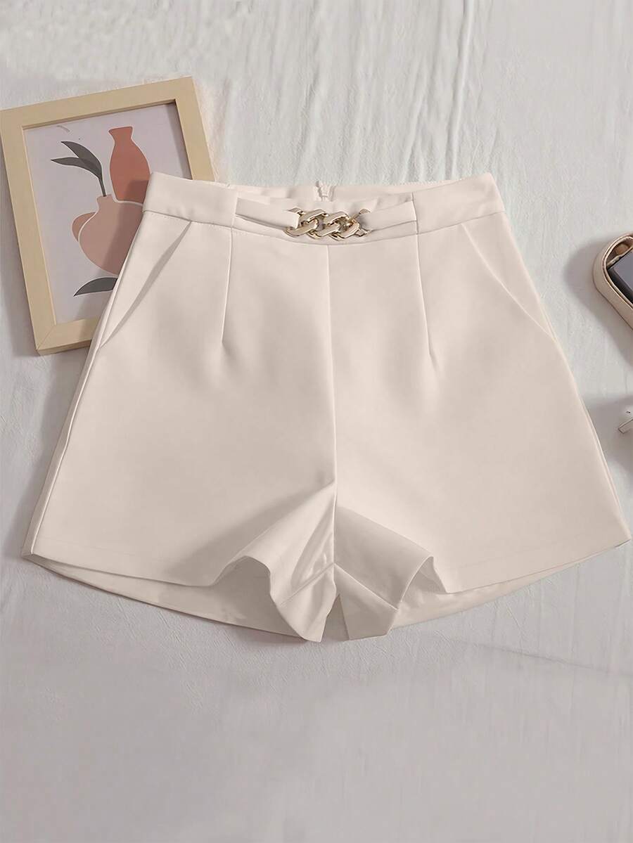 INAWLY Casual Elegant Chain Decor Solid Color Shorts - Apricot - View 1