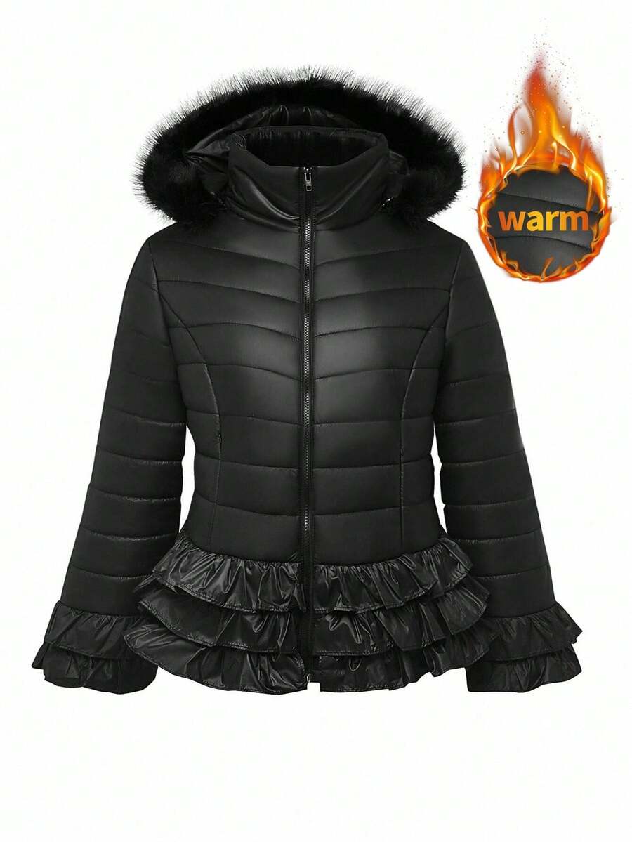 Maweii 加大码女式立领荷叶边拉链连帽棉服外套,适合冬季外出、雪季和通勤 - 黑色 - 查看 1