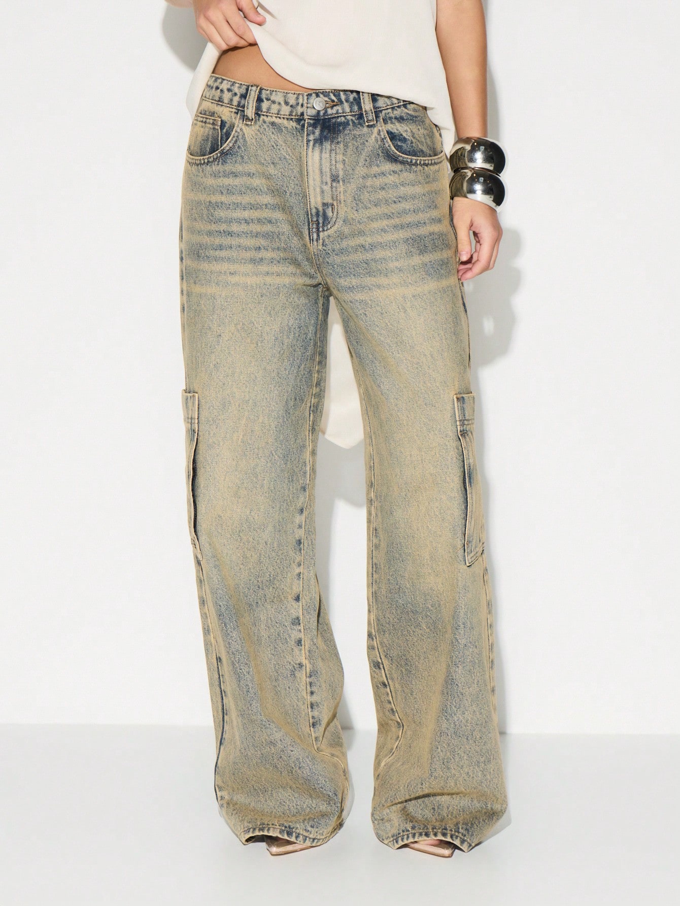 KIZN Jean cargo taille haute avec poches utilitaires