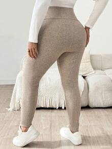 Plussiva 孕婦大尺碼純色可調腰圍羅紋緊身休閒長褲 - 杏色 - 查看 2
