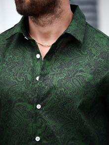 Manfinity Homme 大码男士前扣长袖衬衫，简约休闲衬衫，深绿色男士衬衫，秋季