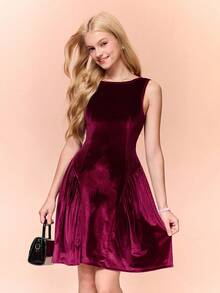 Robe courte élégante de princesse pour filles adolescentes, décolleté carré, sans manches, taille cintrée. Robe de cocktail en velours rouge vin - Rouge foncé - Voir 3
