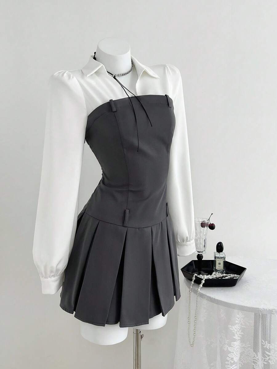 Elamini 女士商务休闲撞色拼布褶皱长袖衬衫裙，时尚秋季服装