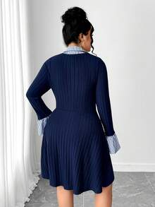 Elenzga Plus Size Elegant Collared Long Sleeve Ribbed Patchwork Knit Dress - Navy Blue - View 2