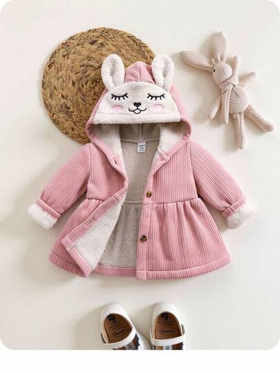 女婴可爱卡通图案法兰绒衬里连帽衫夹克，温暖的冬装