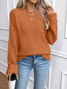 EMERY ROSE Women's Loose Fit Crew Neck Pullover Sweater With Ribbed Cuffs - Burnt Orange - View 5