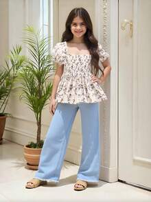 Tween Girl Floral Print Shirred Puff Sleeve Peplum Blouse - Beige - View 4