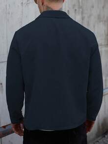 Manfinity Homme 男士海軍藍燈芯絨法蘭絨襯衫外套，長袖鈕扣式秋季休閒登山工作外套，附口袋，保暖冬季送禮首選 - 藏蓝色 - 查看 2