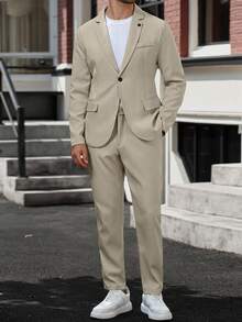 Manfinity Mode 男士纯色翻领长袖西装外套和裤子，休闲西装套装男士米色西装米色西装男士奶油色西装男士男士卡其色西装男士夏季西装。送给男朋友或丈夫的绝佳礼物。 - 米色 - 查看 7
