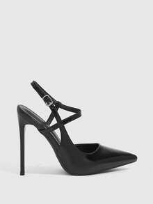 CUCCOO SZL 女士尖头高跟鞋，亮黑色材质，时尚性感夜店派对走秀踝带超高跟鞋 - 黑色 - 查看 2