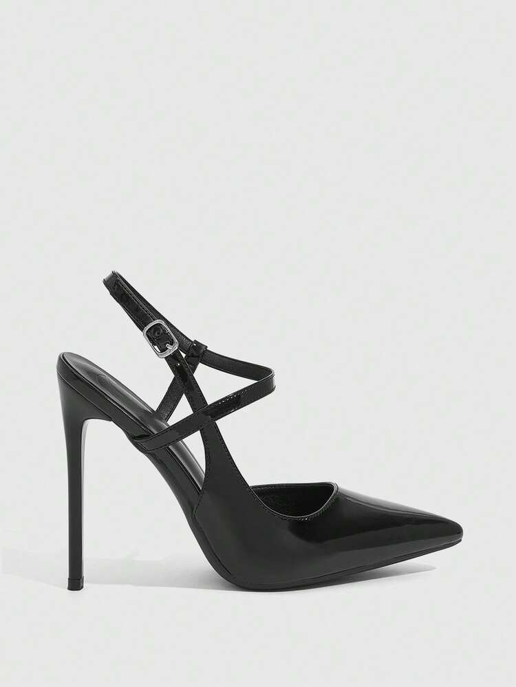 CUCCOO SZL Women's Pointed Toe High Heel Shoes, Shiny Black Material, Fashionable Sexy Nightclub Party Runway Ankle Strap Super High Heel Pumps For Christmas Spring Shoes