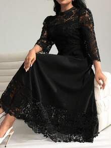 Modelyn Váy Maxi dài tay thêu lỗ vàng chắp vá cỡ lớn cho nữ - màu đen - Xem 4