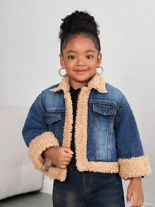 SHEIN 女童宽松蓝色牛仔保暖外套，秋冬季 - 中等水洗藍 - 查看 4