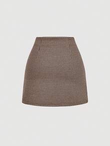 SHEIN MOD 格子A字迷你裙，节日派对女裙，新年，假日，棕色裙子 - 棕色 - 查看 2