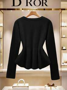 Franclia Women's Elegant Front Button Ruffle Hem Cardigan, Autumn - Black - View 2