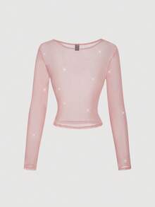 SHEIN MOD Women's Fashionable Sexy Sheer Fitted Long Sleeve T-Shirt, Long Sleeve Mesh Top - Pink - View 2