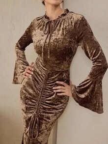 Graceveil Women's Mocha Brown Velvet Ruffle Collar Tie Waist Flare Long Sleeve Dress - Mocha Brown - View 1