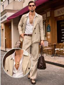 Manfinity VCAY 男士商务格纹印花尖领双排扣西装外套和裤子套装，通勤装 - 卡其色 - 查看 6