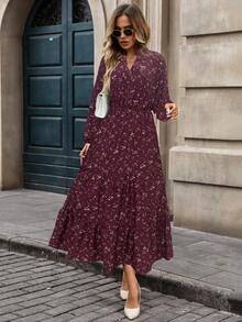 EMERY ROSE V-Neck Floral Print Casual Versatile Long Sleeve Dress Maxi Women Outfit - Burgundy - View 3