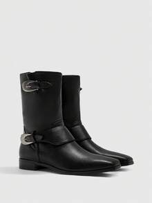 CUCCOO BIZCHIC Women's Buckle Design Pointed Toe Chunky Heel Mid-Calf Boots, Fashionable For Daily Wear - Black - View 6