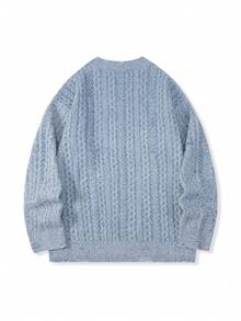 Manfinity CasualKnits 男士休闲麻花图案圆领长袖毛衣，秋冬男士针织休闲蓝色毛衣 - 藍色 - 查看 2