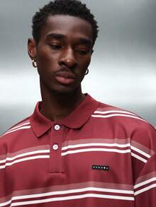 PLAYBOY X SUMWON Crop Fit Men Short Sleeve Striped Polo Shirt With Collar And Button Placket Casual Retro Summer Top - Burgundy - View 3