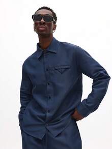 SUMWON 男士修身长袖衬衫套装，含配套套头裤，商务休闲海军蓝纯色套装 - 寶藍色 - 查看 3