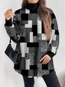 EMERY ROSE Plus Size Colorblock Geometric Pattern Turtleneck Long T-Shirt, Spring/Autumn - Multicolor - View 3