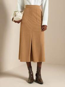 SHEIN Veneréa Women's Casual Front & Middle Slit Corduroy A-Line Skirt - Brown - View 5