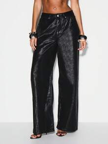 KIZN 涂层阔腿高腰阔腿牛仔裤，适合夜间外出、派对和俱乐部穿着 - 黑色 - 查看 1