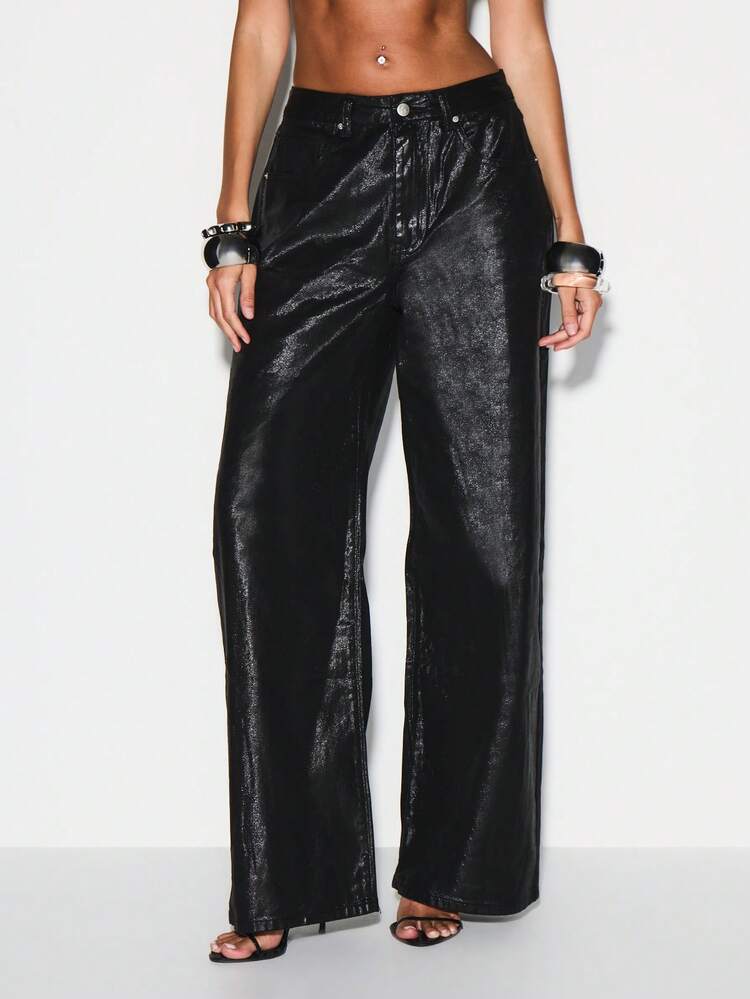 KIZN Coated Wide Leg High Rise Jeans