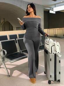 SHEIN EZwear Plus Size Casual & Homewear Minimalist Off Shoulder Ribbed 2 Pieces Set - Dark Grey - View 5
