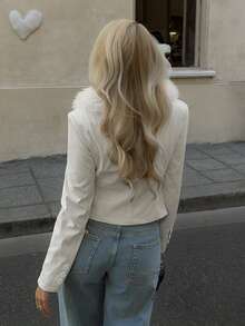 Siren Gaze Jaqueta feminina casual com patchwork e detalhes felpudos, ideal para outono e inverno, perfeita para o Ano Novo.