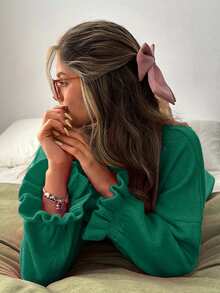EURMUSE Oversized Casual Soft-Touch Knit Sweater With Ruffled Cuff Sleeves And Crew Neck In Vibrant Emerald Green Lounge Autumn - Green - View 4