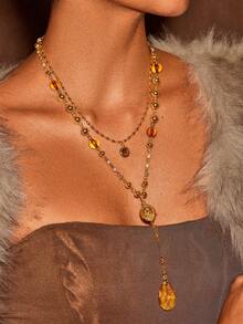 Glisma 18K Gold-Plated Beaded Necklace, Casual Vintage Women Pendant Necklaces,Party,Night Club,Shopping,Vintage,PREMIUM,Zirconia,Rhinstone,Western Jewelry,Old Money,Gemstone,Outfits,Fall/Autumn/Winter,For Mom/Women/Girl/Mother,Premium,Charm Necklace