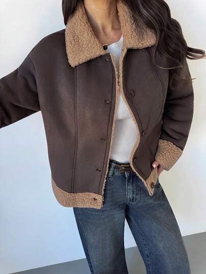 Firerie Dam djup mockabrun Maillard-mockafleece med långärmad jacka och fickor, vintage lös design, motorcykeljacka, bekväm mjuk fleecejacka, kaffefärgad kavaj med slag, vår- och höstkläder, elegant, pendling, fritidskläder, vardagskläder, minimalistiska, arbetskläder