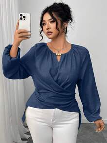 Elenzga Plus Size Women's Solid Color Keyhole Neck Lantern Sleeve Ruched High-Low Hem Fashionable Blouse