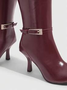 CUCCOO SZL Women's Fashionable Burgundy Buckle Knee-High Elegant Heeled Boots - Burgundy - View 6