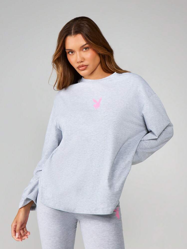 Missguided x Playboy Oversized Long Sleeve Graphic Tee With Cursive Script Print For Women