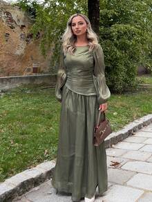 Jeta Ari 女士橄榄绿色长袖褶皱腰闪亮连衣裙，优雅百搭 - 橄欖綠 - 查看 1