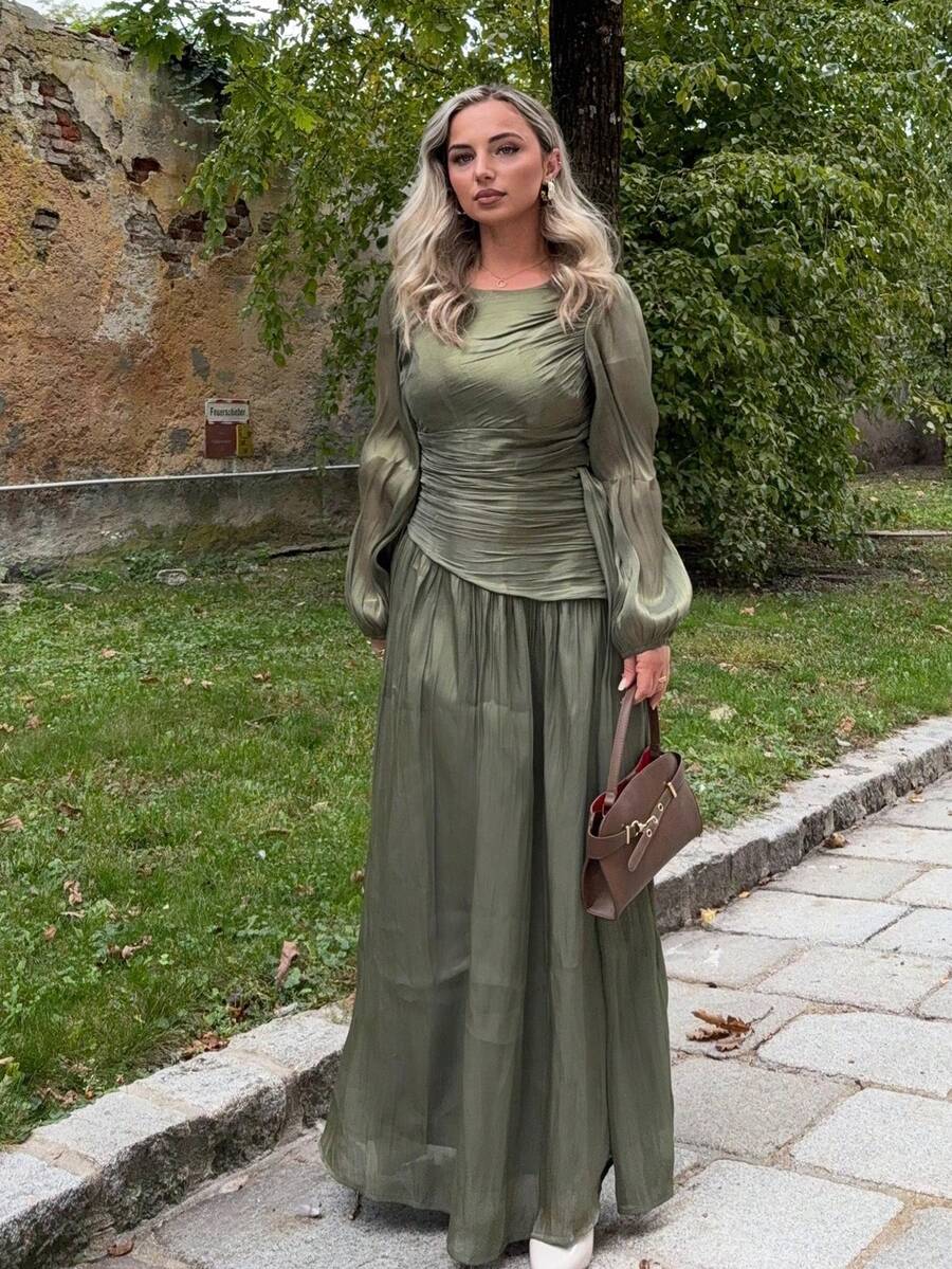 Jeta Ari 女士橄榄绿色长袖褶皱腰闪亮连衣裙，优雅百搭 - 橄欖綠 - 查看 1