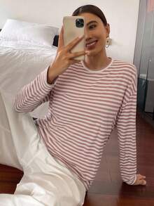 Livesso 女士纯色圆领宽松长袖长款T恤 - 粉色 - 查看 2