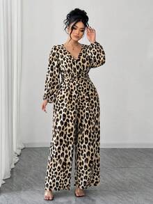 Elenzga 时尚秋冬法式复古休闲通勤束腰V领豹纹连体裤 - 咖啡棕 - 查看 3