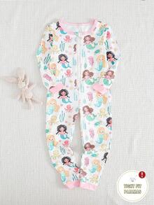 Bộ đồ ngủ liền thân dài tay cổ tròn bó sát in hình nàng tiên cá và sinh vật biển cho bé gái mới - Nhiều màu - Xem 8