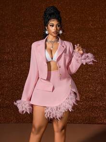 Maweii 2pcs/Set Fashionable Pink Plush Blazer Jacket Paired With Blazer Skirt - Pink - View 2